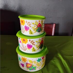 Colorful Floral Storage Containers with Green Lids
